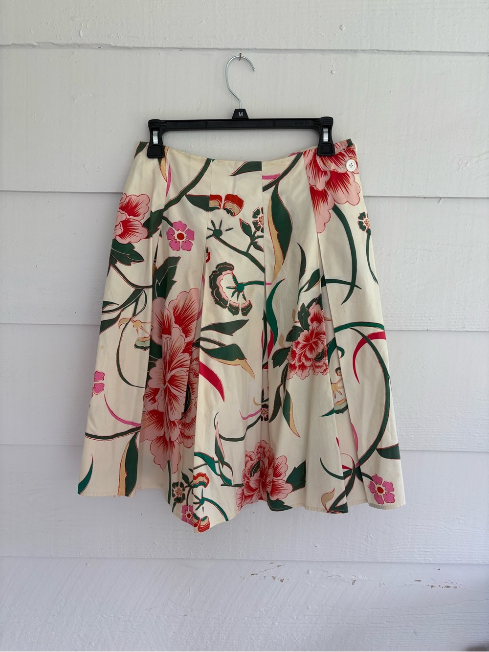 Diane von Furstenberg Small Floral Pleated A-Line Midi Skirt Cream Pink Green
